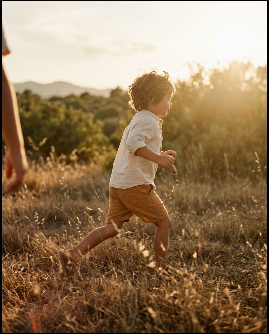 Enfant courant dans un champ d’herbes sèches, saisi en plein élan
