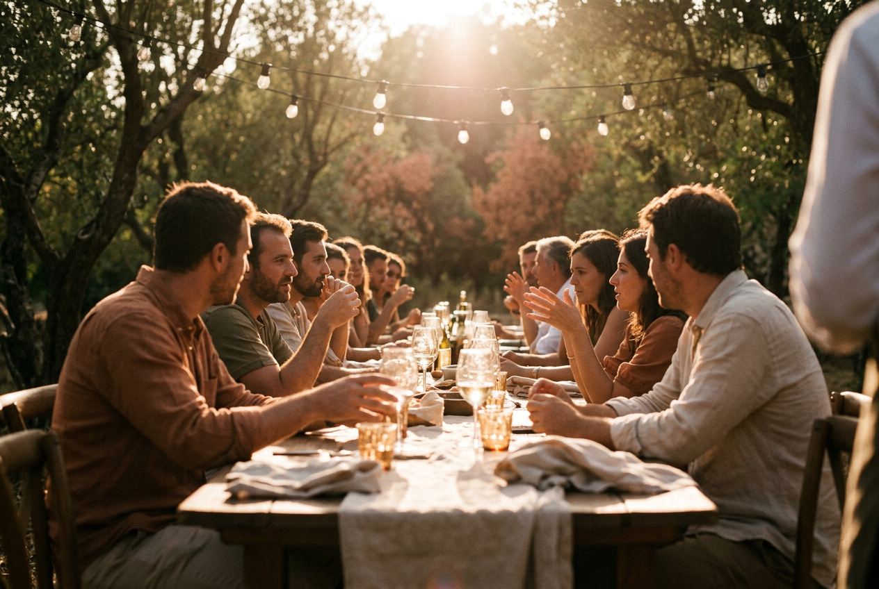 Longue table de repas dehors sous les arbres, en fin de journée