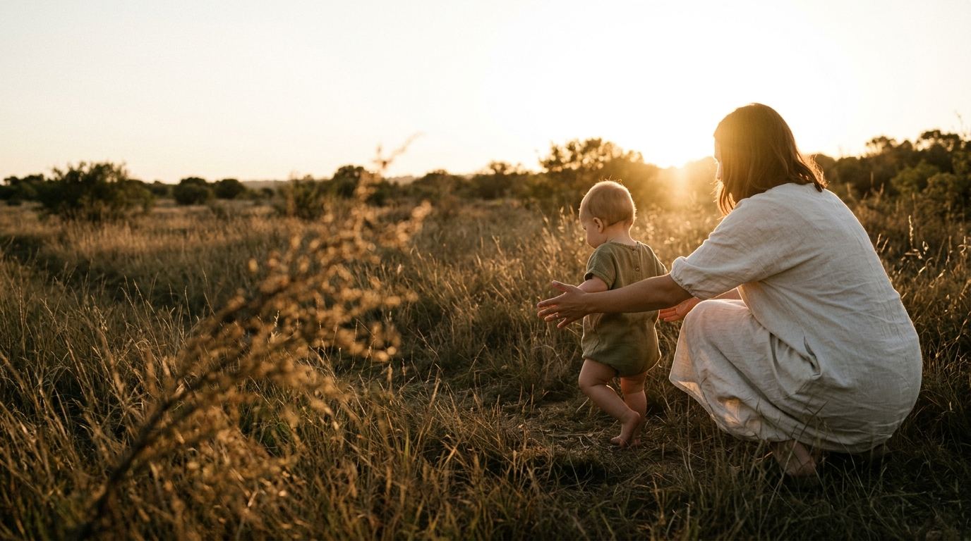 Une mère tend les bras vers son bébé qui fait ses premiers pas, à contre-jour