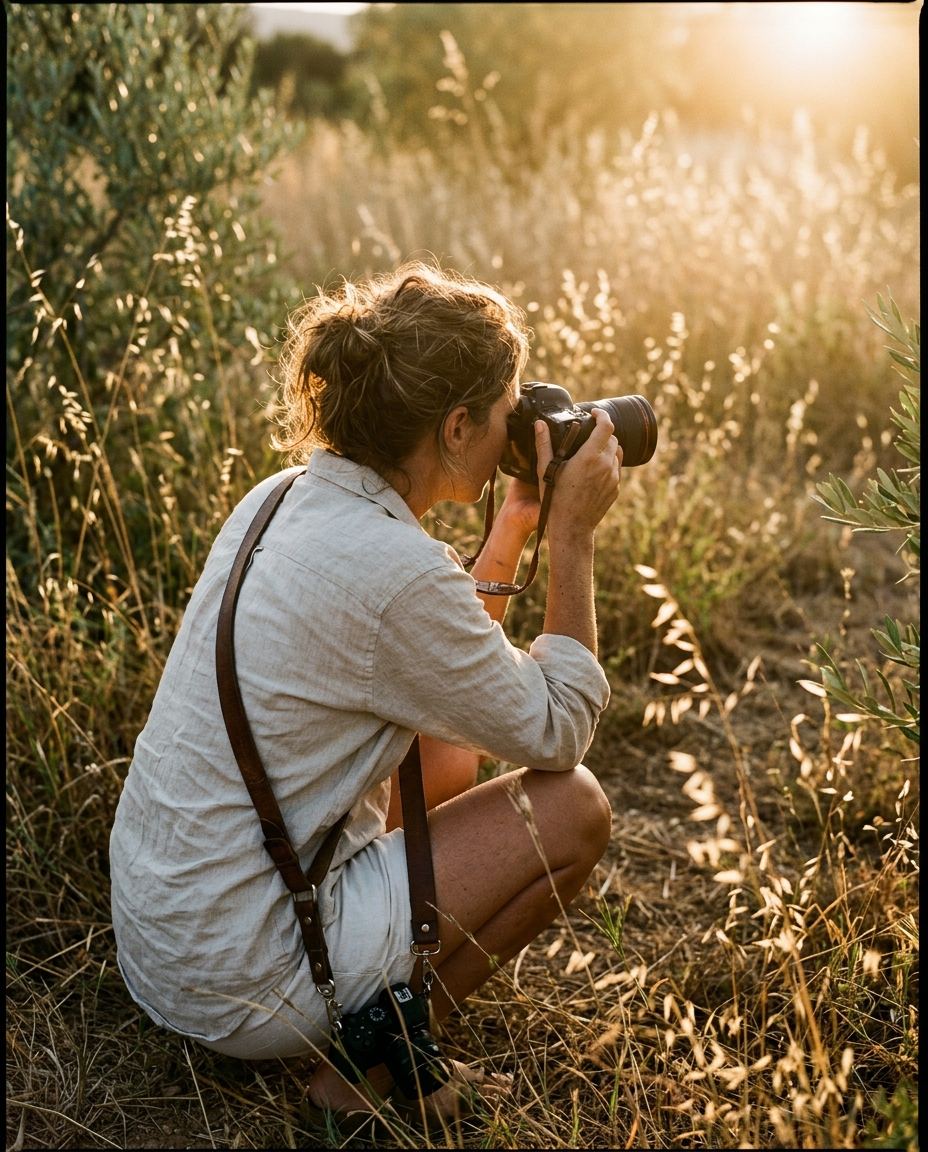 La photographe accroupie dans un champ, boîtier devant l’œil