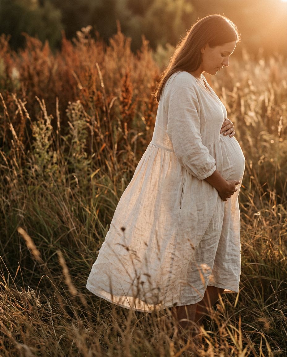 Femme enceinte de profil dans les herbes hautes, robe de lin