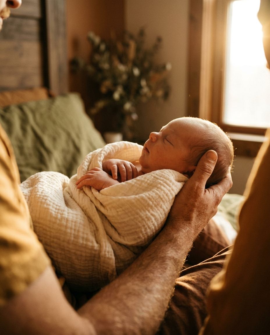 Un nouveau-né endormi dans les mains d’un adulte