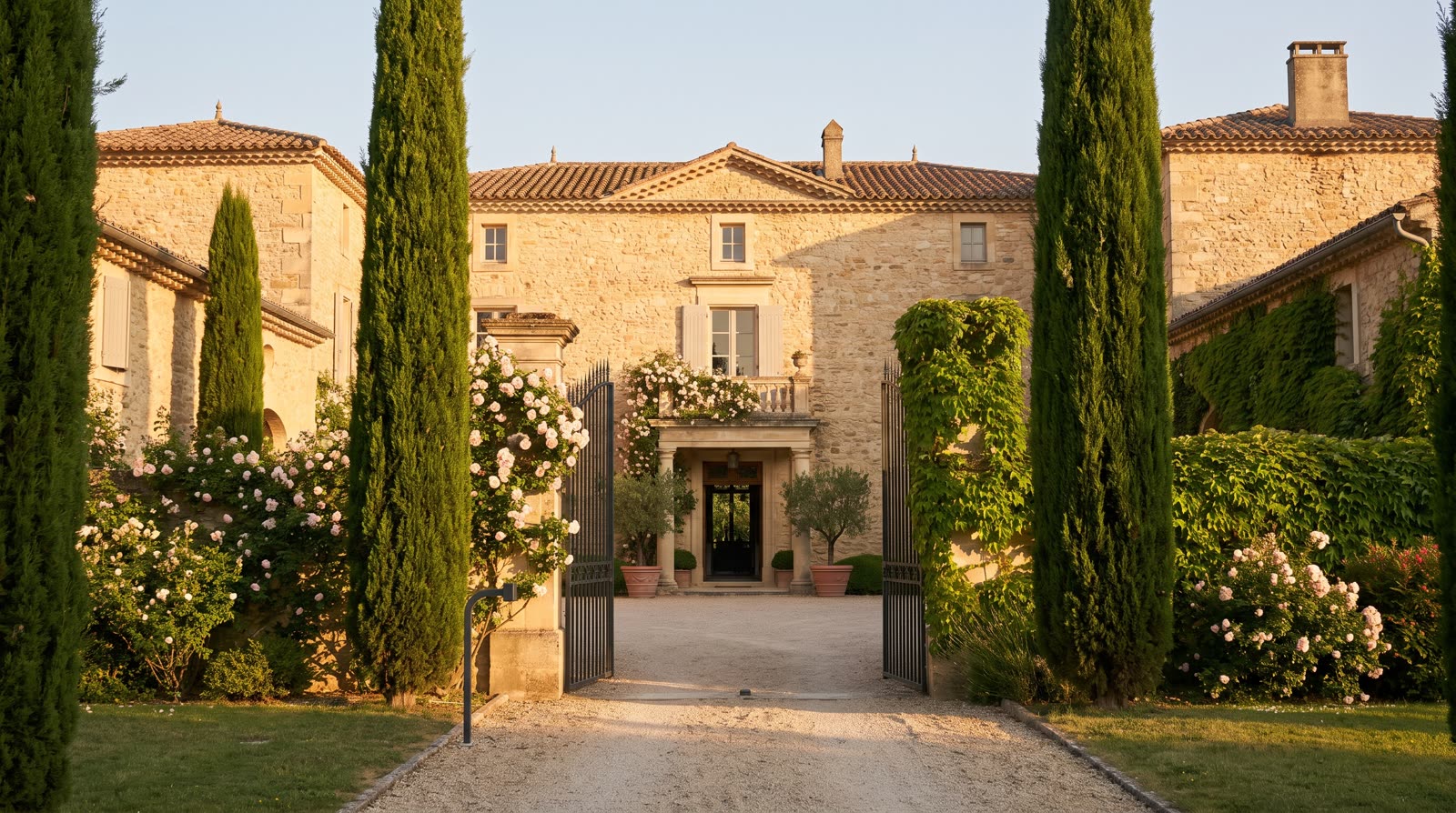 L’allée d’un domaine bordée de cyprès, en fin d’après-midi