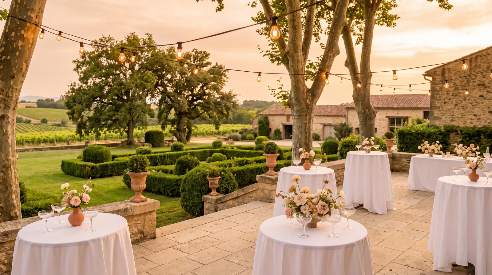 Vin d’honneur sur une pelouse, tables hautes et lumière dorée