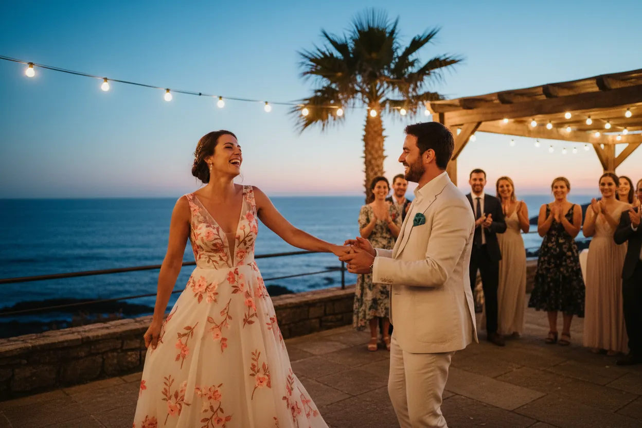 Danse des mariés sur une terrasse face à l’océan