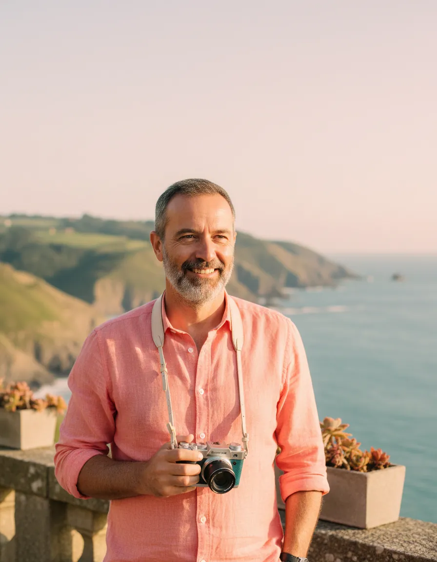 Portrait de Mathieu, photographe, chemise corail, appareil à la main, sur une terrasse face à l’océan