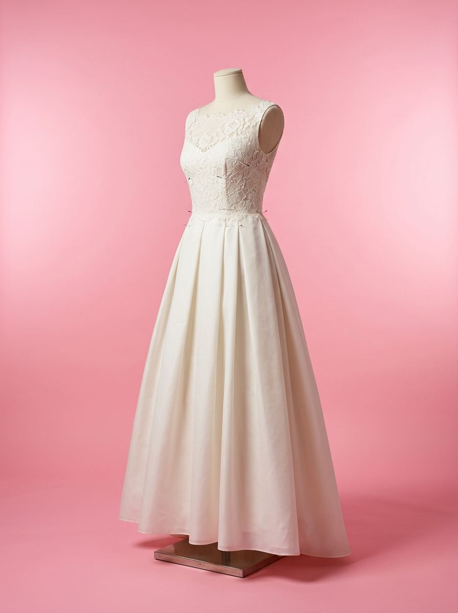 Robe de mariée en organza montée sur un mannequin de couture, dans l’atelier