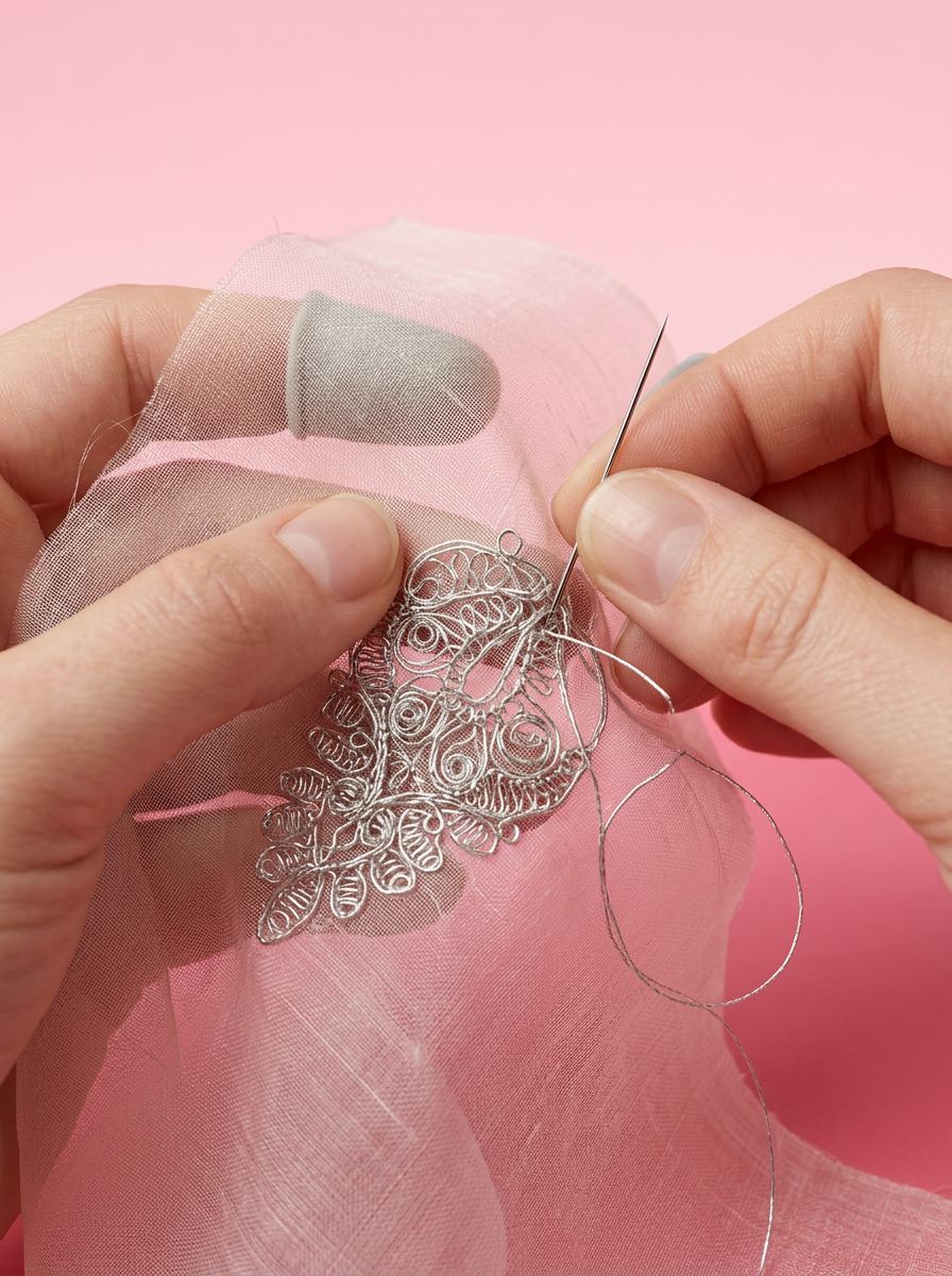 Motif de dentelle cousu main sur de l’organza, aiguille et dé de couture