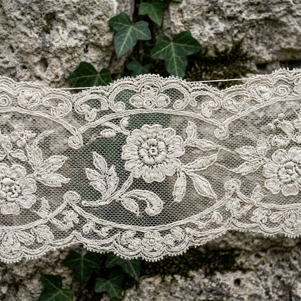 Gros plan sur un pan de dentelle de Calais devant un fond de pierre