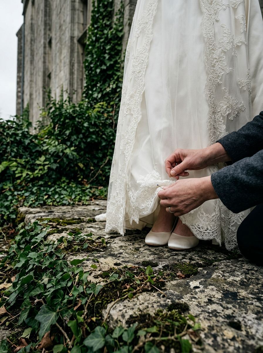 Mains d’une couturière épinglant l’ourlet d’une robe, vues au ras du sol