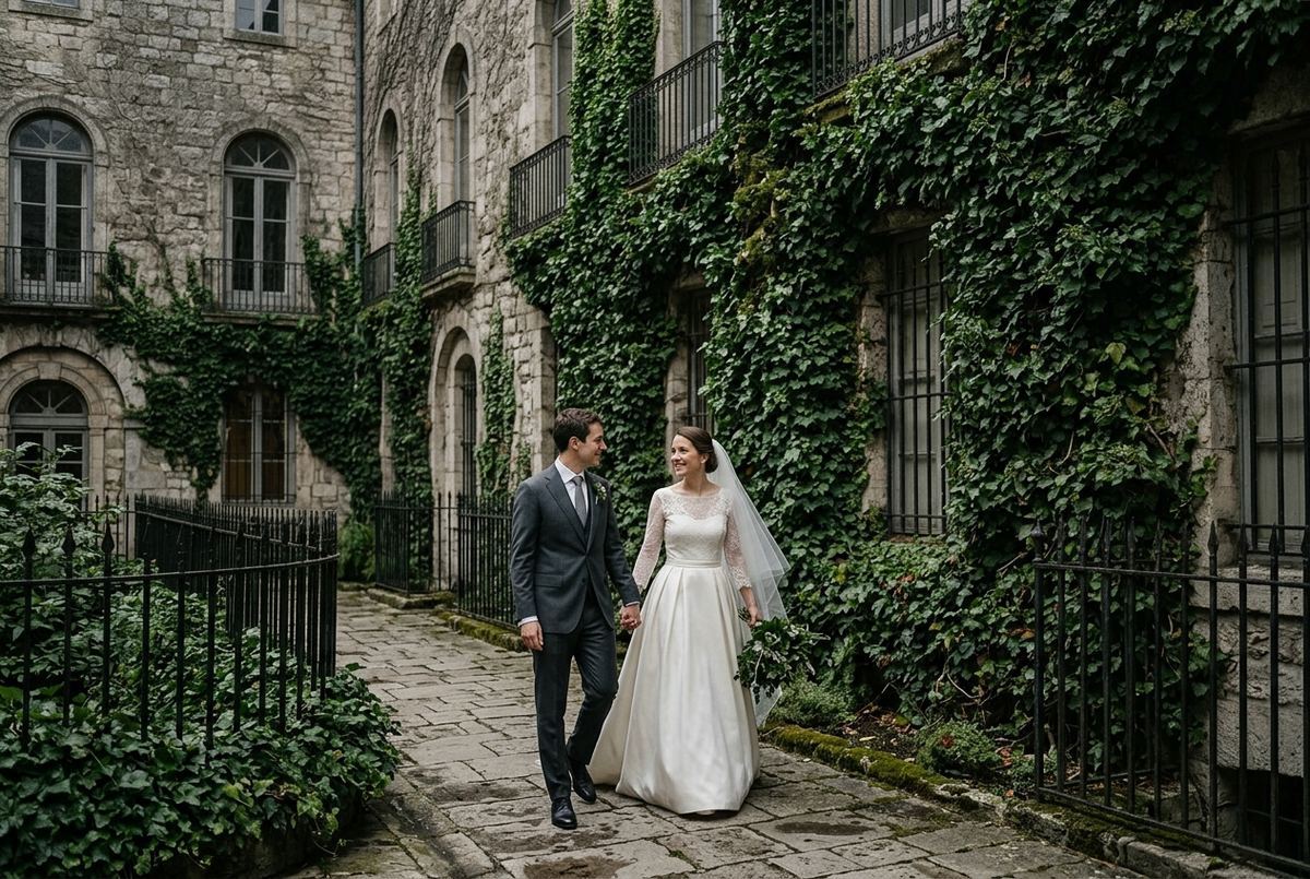 Couple marchant le long d’un mur entièrement couvert de lierre