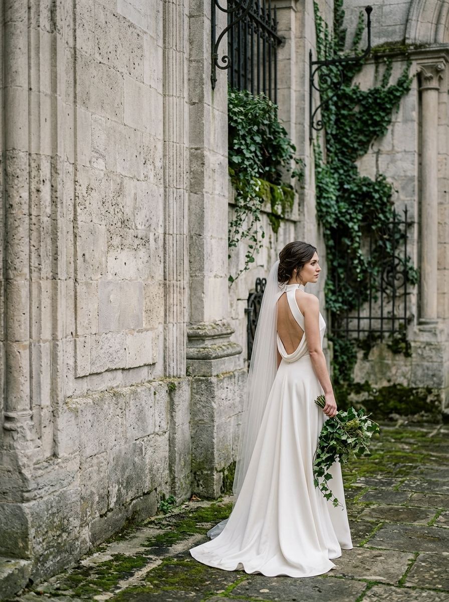 Mariée de profil devant un mur de pierre nue, robe de satin duchesse