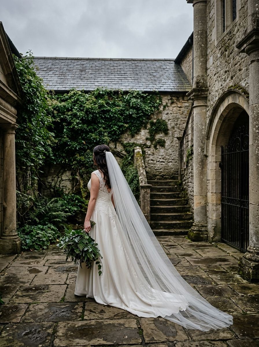 Mariée de dos dans une cour de pierre, long voile de tulle jusqu’au sol