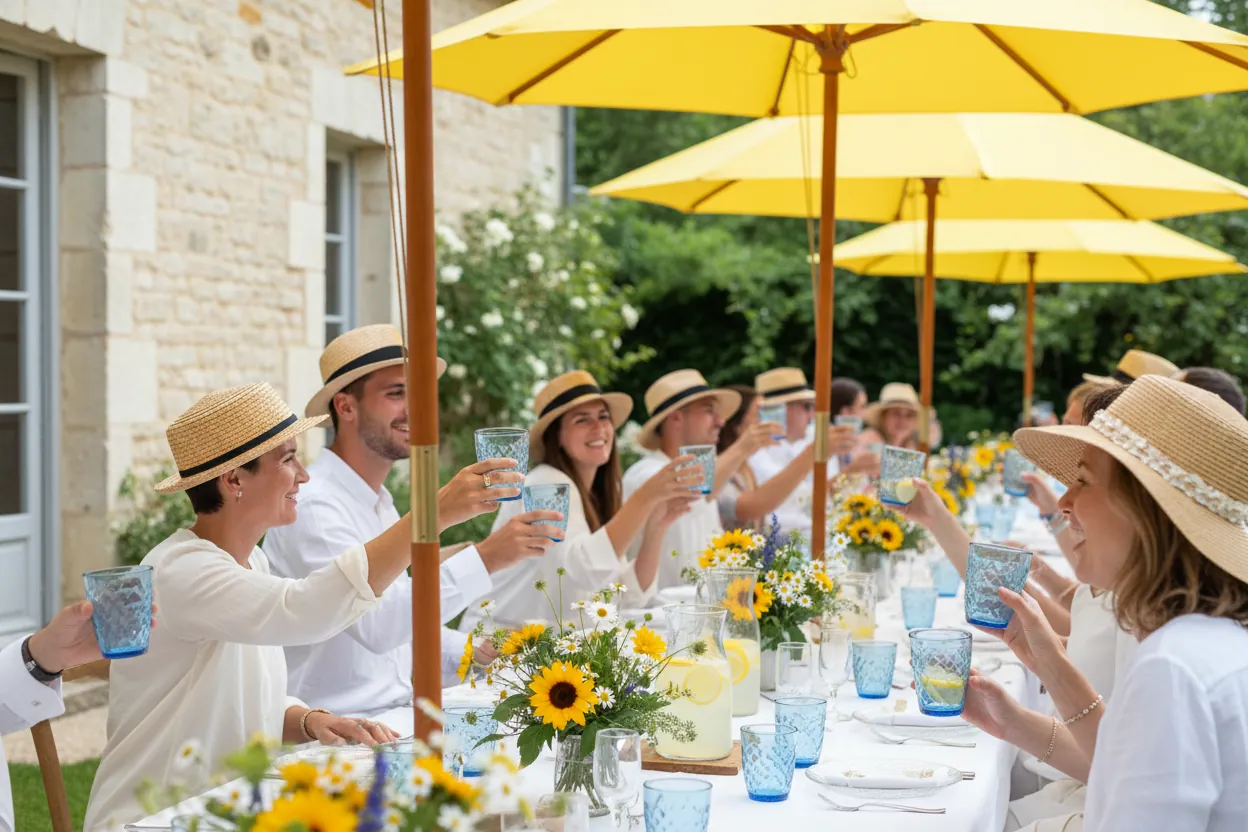 Vin d’honneur sous des parasols jaunes, invités en chapeau de paille autour d’une table
