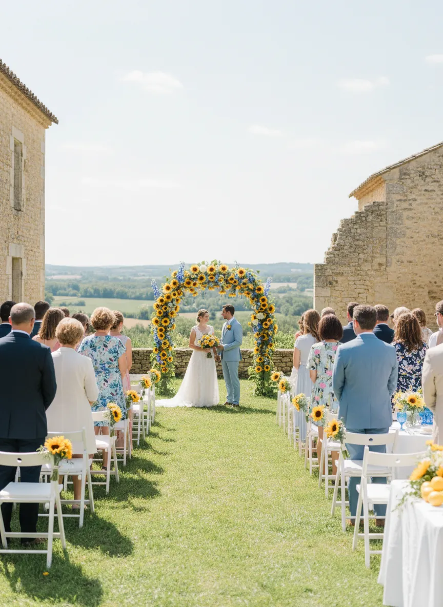 Cérémonie laïque dans une prairie, allée de chaises blanches et arche de fleurs jaunes et bleues