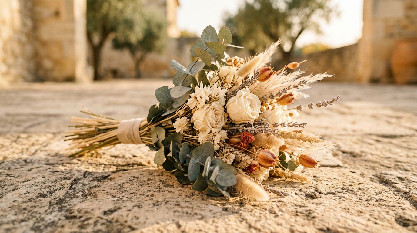 Des bouquets de fleurs séchées et un ruban posés sur un drap de lin