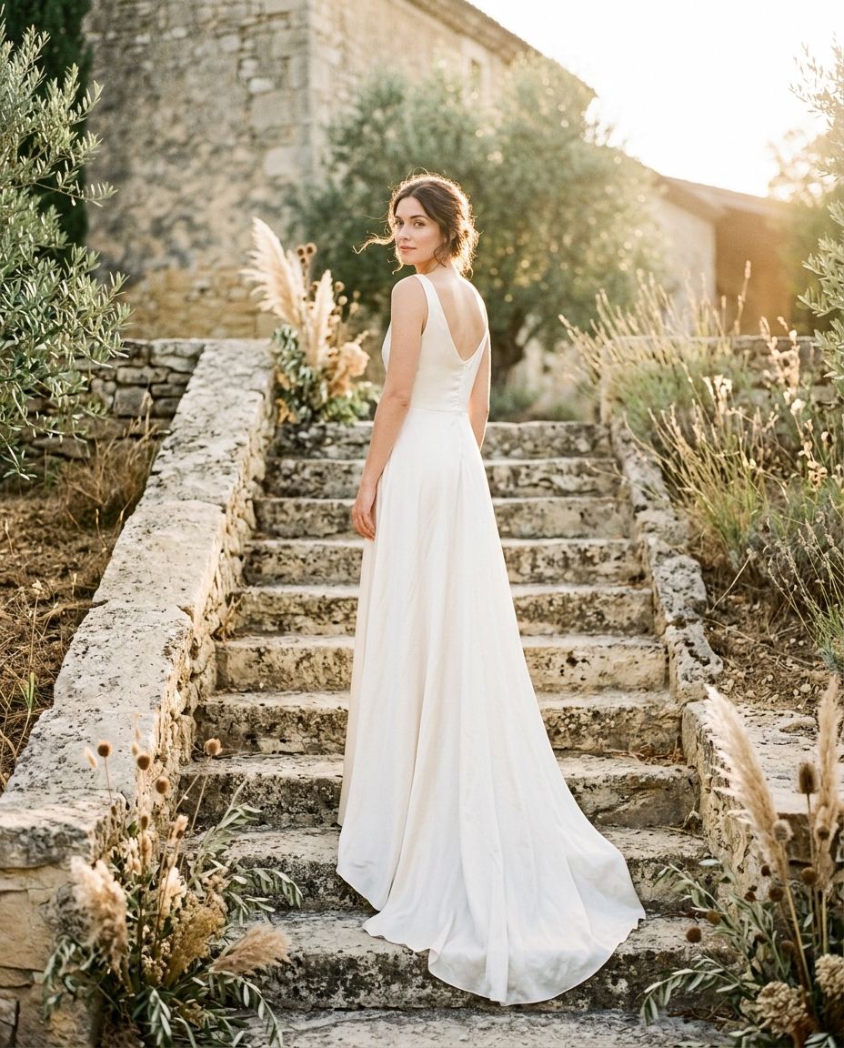 La mariée de dos sur un escalier de pierre
