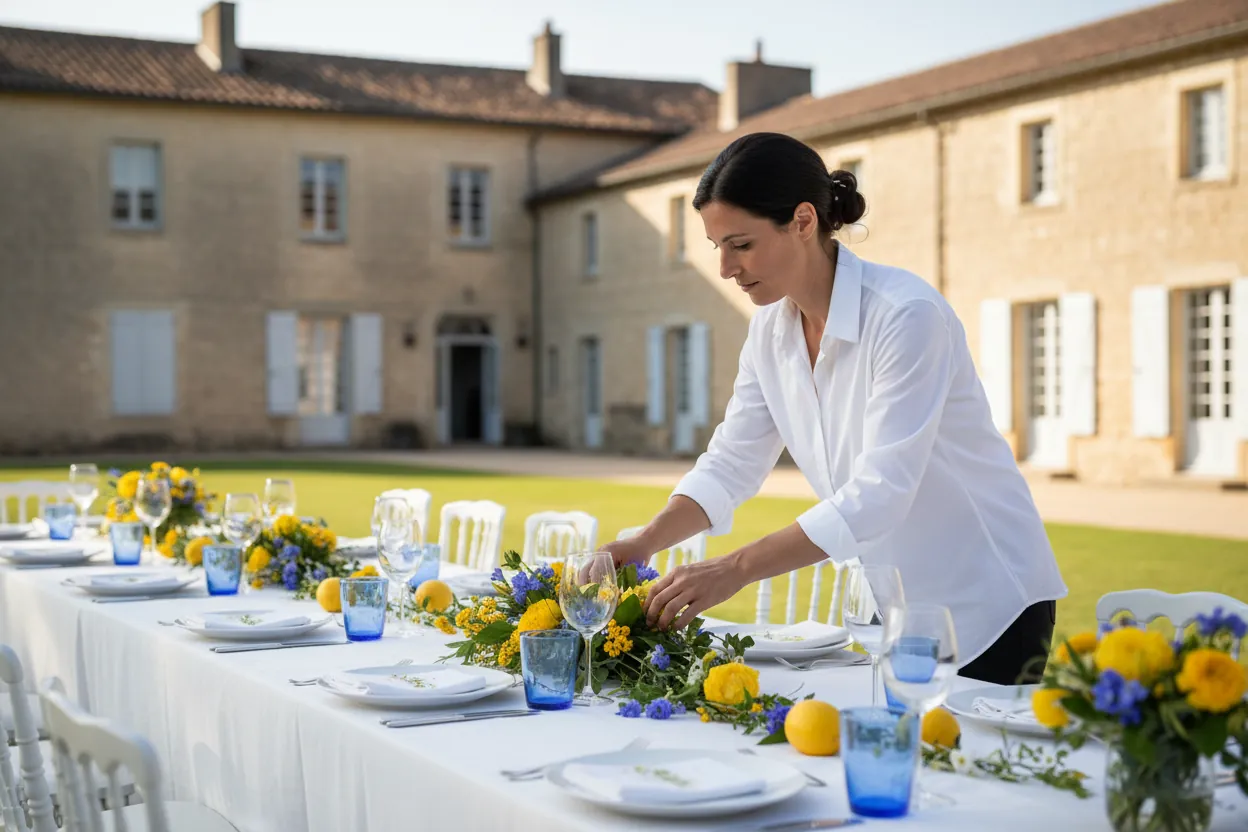 La wedding planner ajuste un centre de table de fleurs jaunes et bleues avant l’arrivée des invités