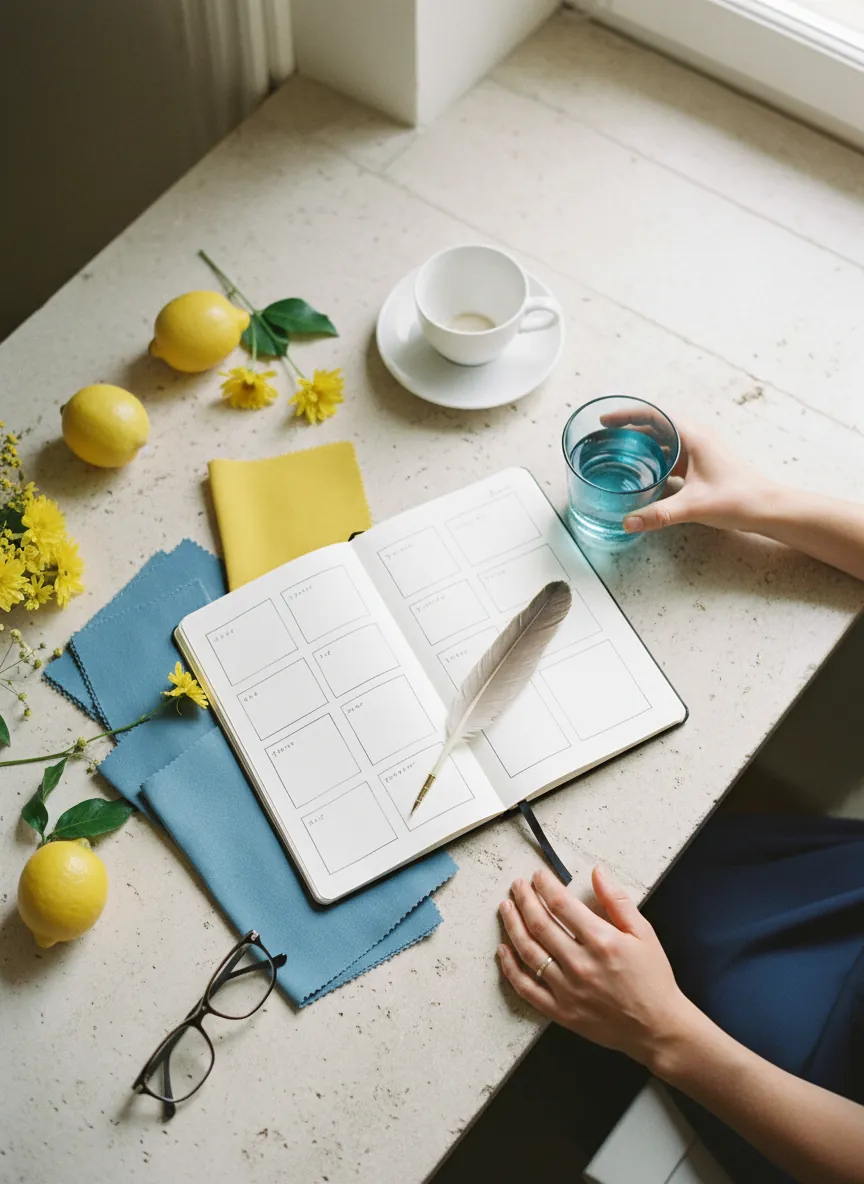 Un carnet de planning ouvert sur un bureau clair, échantillons de tissu bleu et jaune, citrons et tasse de café